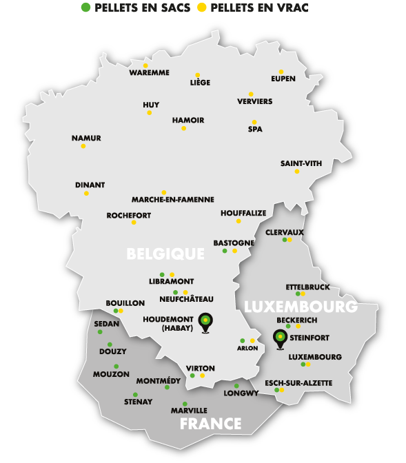 carte zone de livraison des pellets en vrac et sur palettes belgique france & luxembourg